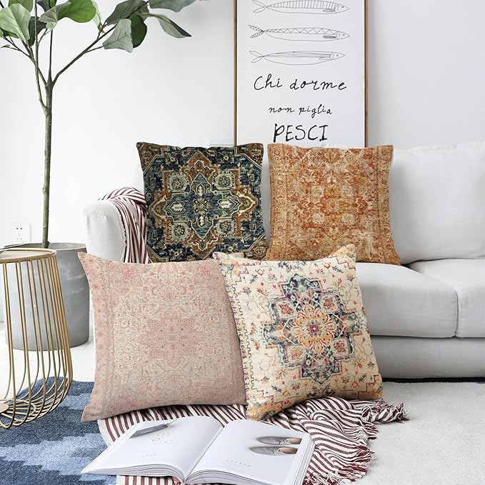 Boho Throw Pillow Covers 16x16 inch Set of 2,Bohemian Vintage Carpet Pattern Antique Ethnic Decor Double Sided Pattern Cushion Cover Soft Pillow Case Living Sofa Room Bed Square Pillow Cover