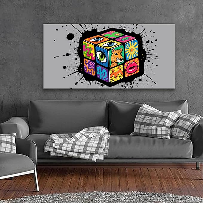 TAIJXAGSG Abstract Wall Art For Living Room Artwork Multicolor Graffiti Cube Canvas Art Wall Decor Modern Canvas Prints Pictures Abstract Wall Decor For Home Hotel Artwork 24x48 Inch