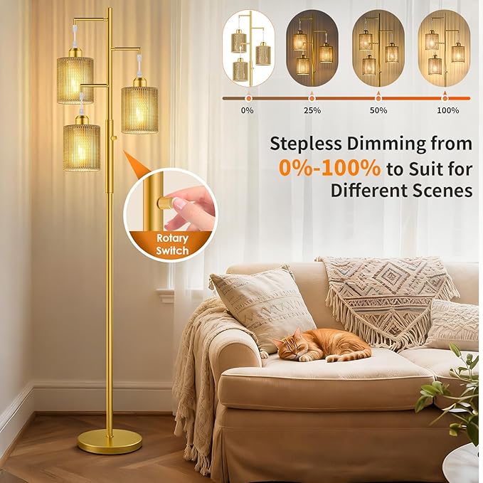 Hotsonic 72" Tall Boho Floor Lamp, Dimmable Standing Lamp with Handcrafted Rattan Beige Shade, Industrial Tree Floor Lamps for Living Room, Bedroom, Study Room, Office(3x800LM LED Bulbs Included)-Gold