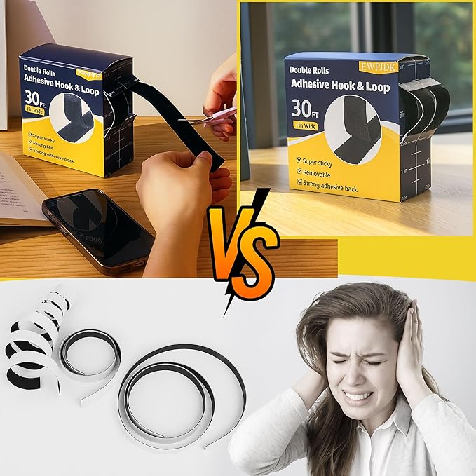 30Ft x 1 in Velcro Strips with Adhesive, Hook and Loop Strips with Adhesive, Double Rolls of Heavy Duty Interlocking Tape Fasteners Double-Sided Tape Strong Back Adhesive Mounting Tape (Black)