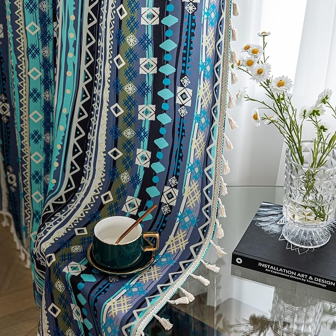 Boho Curtains Geometric Light Filtering Semi-Blackout Window Curtains 54 Inches Long Rod Pocket Drapes for Living Room 2 Panels-Vintage Blue