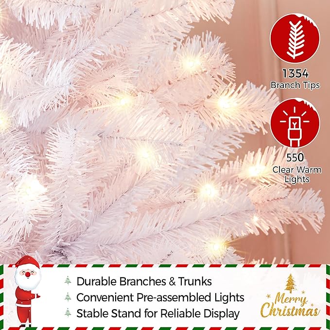 Yaheetech 7.5ft Pre-lit Spruce Artificial Hinged Christmas Pine Tree Prelighted Holiday Xmas Tree for Home Party Decoration with 550 Warm White Lights and 1354 Branch Tips, White