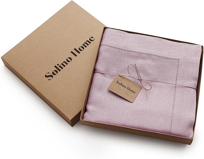 Solino Home Lilac Linen Tablecloth 60 x 90 Inch - 100% Pure Linen Hemstitch Table Cloth for Rectangle Tables - Classic Hemstitch, Machine Washable Tablecloth for Fall, Autumn, Thanksgiving, Christmas