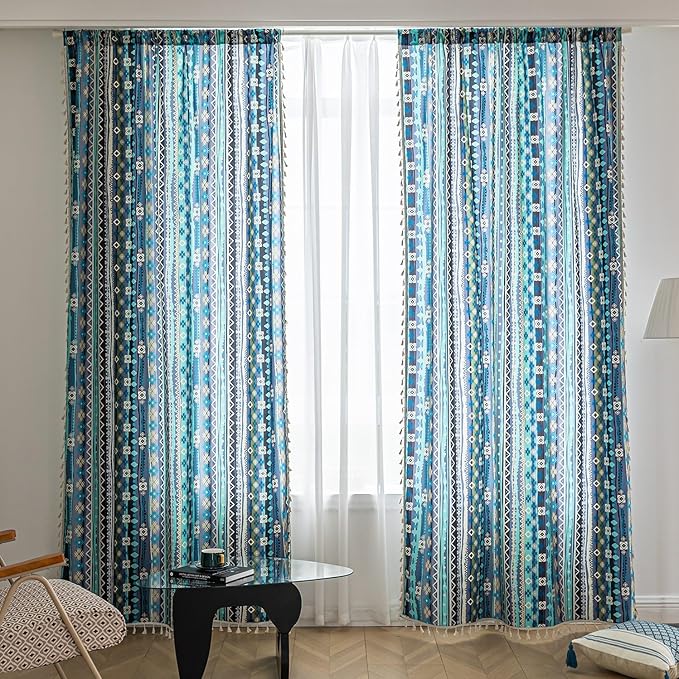 Boho Curtains Geometric Light Filtering Semi-Blackout Window Curtains 63 Inches Long Rod Pocket Drapes for Living Room 2 Panels-Vintage Blue