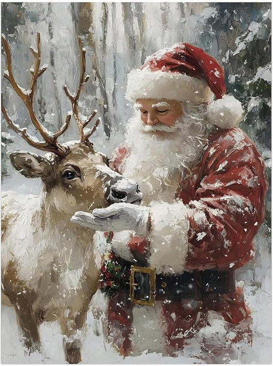 Santa With Reindeer Wall Art Prints,Vintage Christmas Santa Reindeer Print,Rustic Holiday Winter Cottagecore Decor