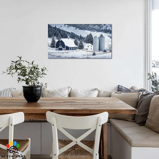 GUTTATY Christmas Winter Scene Canvas Wall Art, Barn Snow Farm Landscape Canvas Prints, Holiday Pictures Artwork, Blue White Country Wall Decor Poster for Living Room, Bedroom, Farmhouse, 40x20 Inch