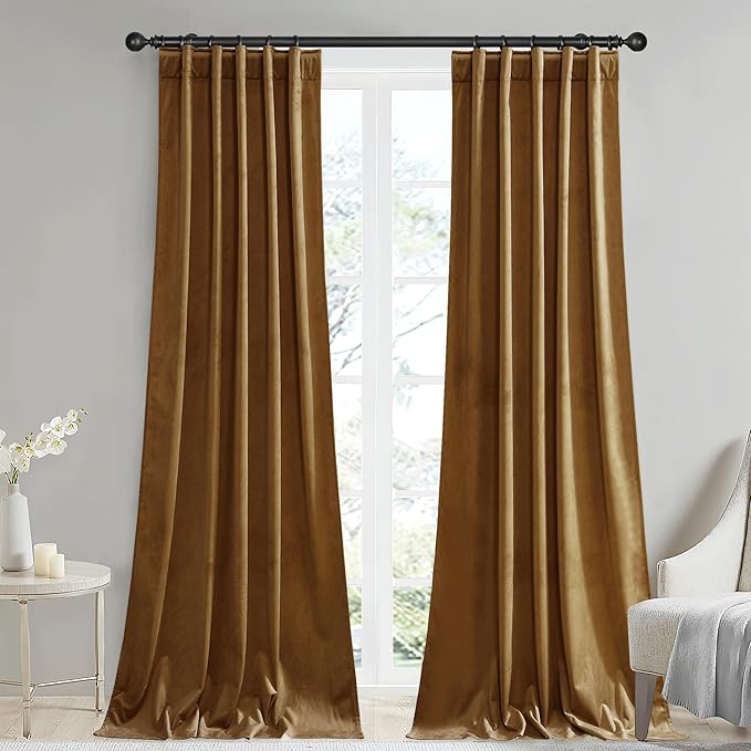 StangH Gold Brown Room Darkening Velvet Curtains W42x L96 inches for Bedroom, Luxury Back Tab Door Curtains Farmhouse Decor for Dressing Room/Sliding Glass Door, 2 Panels