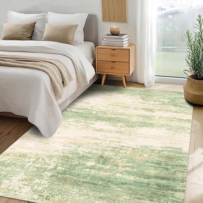 5x7 Modern Abstract Rug Washable Area Rugs for Living Room Bedroom Dining Room Non-Slip Low Pile Neutral Large Rug Soft Indoor Floor Carpet, Green