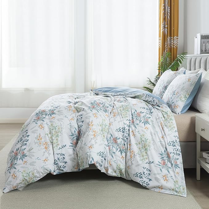 HoneiLife Floral Duvet Cover Queen - 100% Cotton Comforter Cover, Botanical Bedlinen Set with Zipper Closure & Corner Ties, 3-pcs Wildflower Comforter Cover Sets