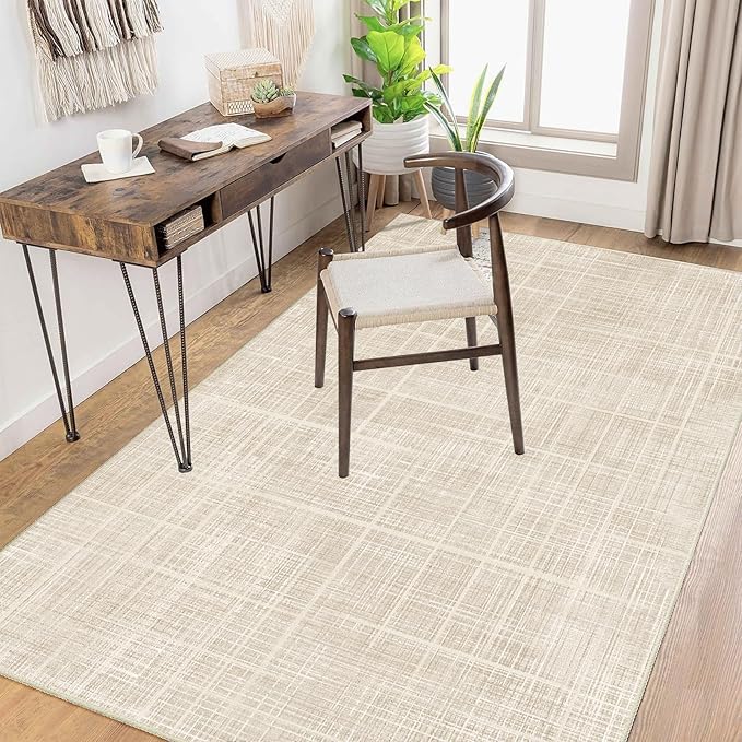 Enkor Area Rugs 4x6 Washable Non Slip Abstract Soft Rugs for Living Room Bedroom, Modern Mat for Kitchen Entryway Beige Grid