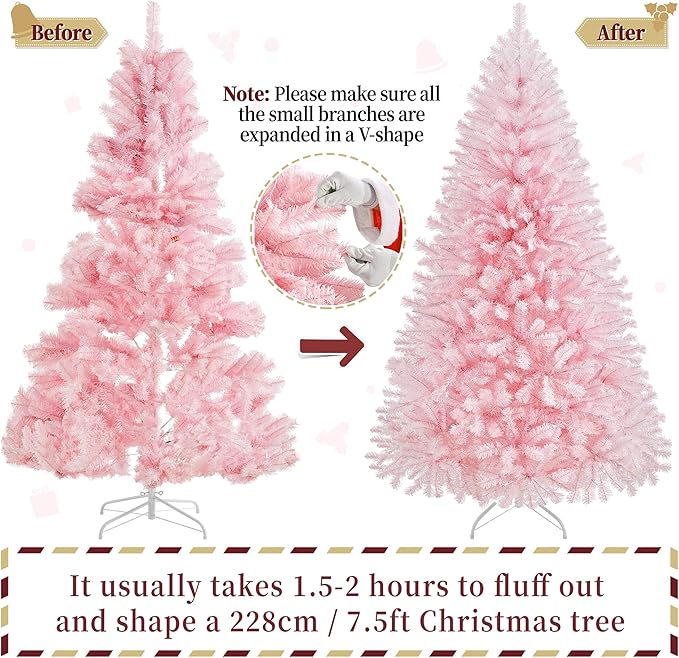 Yaheetech 7.5ft Pre-lit Artificial Hinged Christmas Tree Prelighted Full Holiday Xmas Tree for Home Party Decoration with 550 Warm White Lights & 1354 Branch Tips, Foldable Metal Stand, Pink