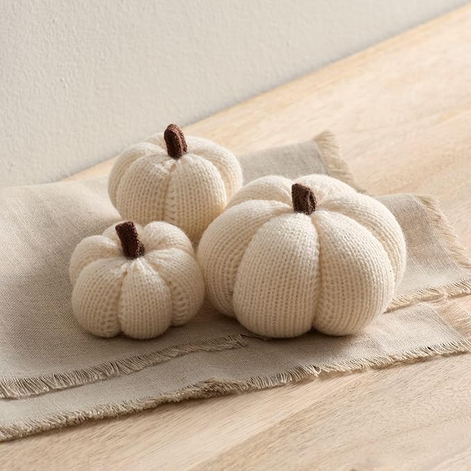 Your Heart's Content Cozy Mini Knit Set of 3 Ivory Pumpkins, Table top décor, Fall Accent Bowl Filler, tablescape, New Apartment Fall Gift (Snowdrop Multi-Size Set)