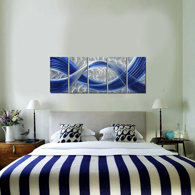 Metal Wall Sculpture with Dark Blue Line Silver Background, Aluminum Wall Art, Unique Metal Artwork, Abstract Metal Wall Art for Modern and Contemporary Decor, Indoor and Outdoor, 5-Panels 64" x 24"