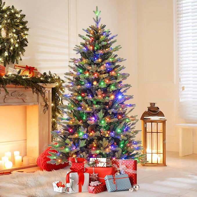 Happygrill 6 FT Pre-Lit Artificial Christmas Tree, Hinged Xmas Tree w/1168 Branch Tips, 350 LED Lights, 11 Lighting Modes, 3 Auto Timers, 4-Level Brightness & Remote Control, Decoration Tree for Party