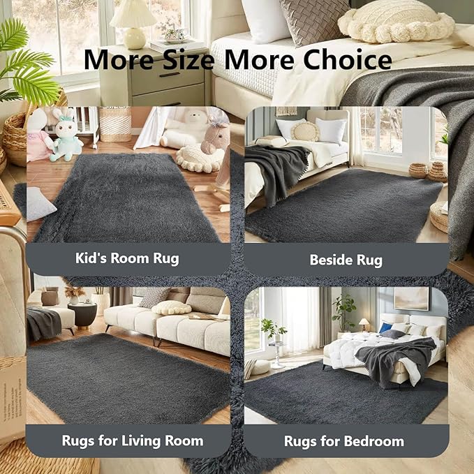 Floralux Ultra Soft 5x7 Area Rugs for Living Room Bedroom, Dark Grey, Shag Plush Rug for Playroom, Modern Shaggy Carpet for Beside Bed, Teens Dorm, Nursery, Home Decor Aesthetic