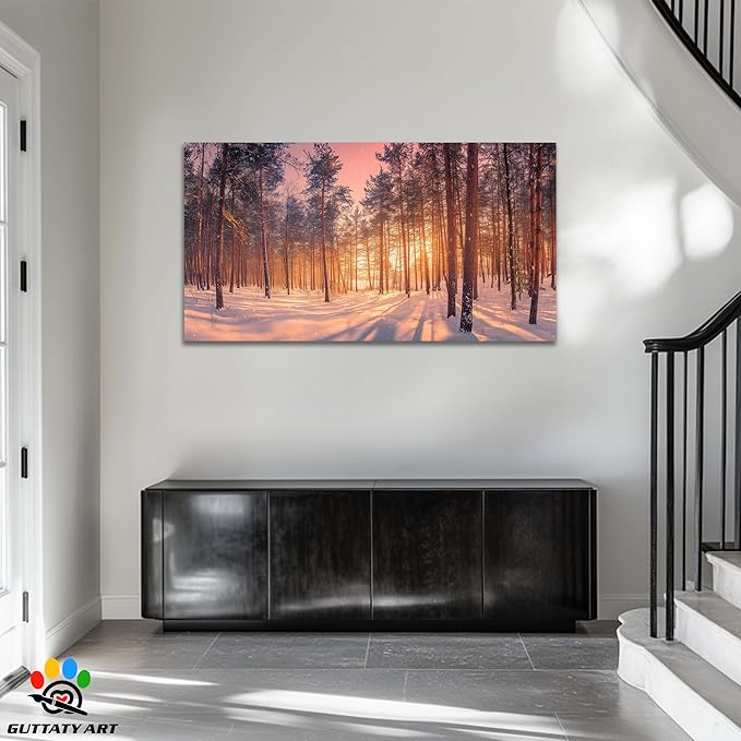 GUTTATY Christmas Winter Scene Canvas Wall Art, Snowy Forest Canvas Prints, Tranquil Sunrise Pine Forest Wall Hanging Artwork, Nature Landscape Poster for Living Room, Bedroom, 32x16 Inch