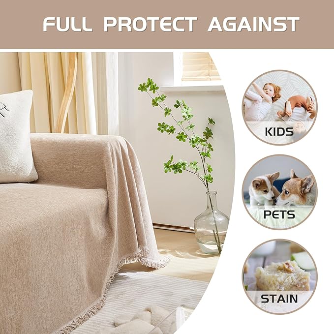 MEETSKY Sofa Cover Couch Covers for 2 Cushion Couch Sofa, Washable Couch Cover Blanket with Tassel for Living Room Sectional Sofa Slipcovers for Dogs Large Couch Protector, 71" x 118", Khaki