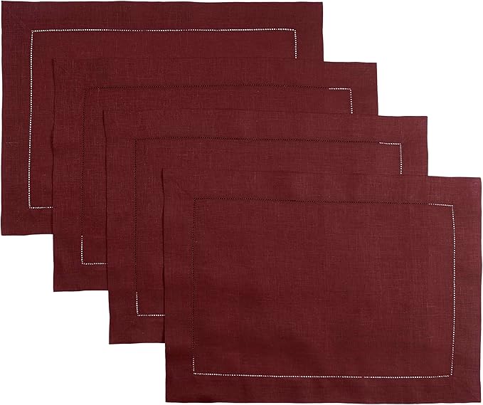D'Moksha Homes Linen Placemats Set of 4 - Classic Hemstitch Dark Red Placemats 14 x 19 Inch - 100% Pure Linen Table Mats for Winter, Christmas, Holiday - Handcrafted and Machine Washable