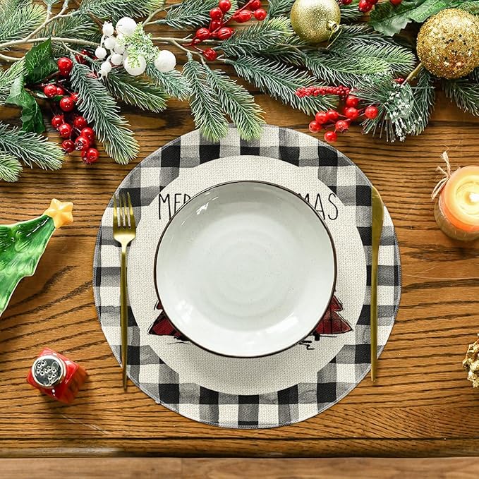 Artoid Mode Waterclor Buffalo Plaid Christmas Trees Merry Xmas Round Placemats Set of 6, 14 Inch Seasonal Winter Round Table Mats for Dining Decoration