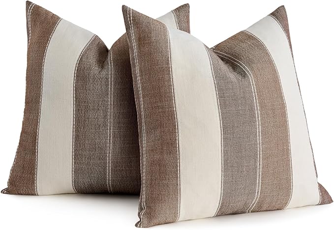 AmHoo Pack of 2 Farmhouse Stripe Check Throw Pillow Covers Set Case Cotton Linen Decorative Pillowcases Cushion Cover for Couch Bench Sofa 18x18Inch Brown