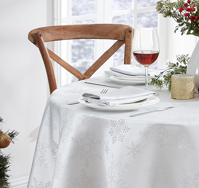 Newbridge Fancy Metallic Snowflake Christmas Fabric Napkins, Set of 4, White Silver, No-Iron Soil Resistant Sparkling Snowflakes Woven Holiday Cloth Napkins