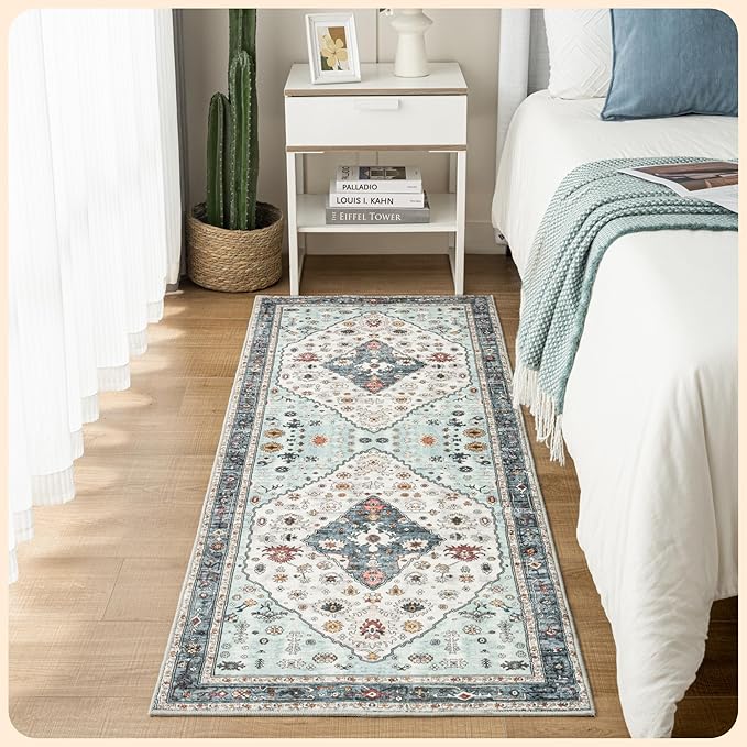 Istana Hallway Runner Rug 2x6 - White Cream/Blue Kitchen Rugs Non Slip Washable -Silk's Soft Touch Carpet Runner - Stylish Rug for Home
