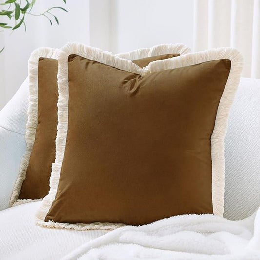 MONDAY MOOSE Decorative Throw Pillow Covers Cushion Cases, Set of 2 Soft Velvet Modern Fringe Tassel Designs, Mix and Match for Home Decor, Pillow Inserts Not Included (Caramel, 20x20 inch)