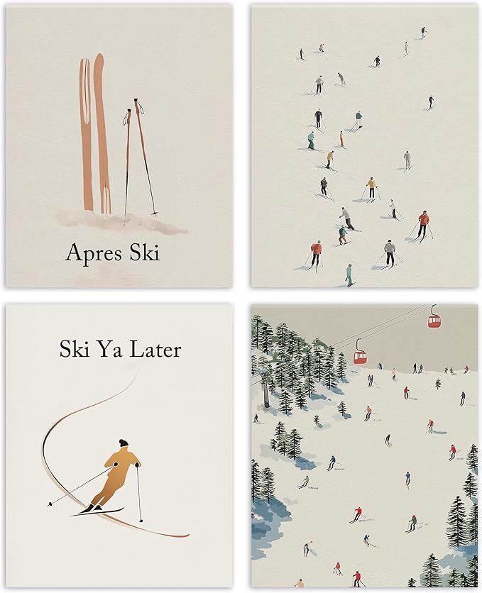 AEHIE Ski Ya Later Winter Snowboard Wall Art Poster Prints for Home Bedroom Living Room Office, Winter Christmas Ski Lift Decor, Winter Snowboard Ski Lift Wall Art Unframed 4pcs 8x10inch