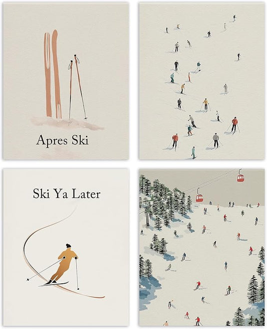 AEHIE Ski Ya Later Winter Snowboard Wall Art Poster Prints for Home Bedroom Living Room Office, Winter Christmas Ski Lift Decor, Winter Snowboard Ski Lift Wall Art Unframed 4pcs 8x10inch