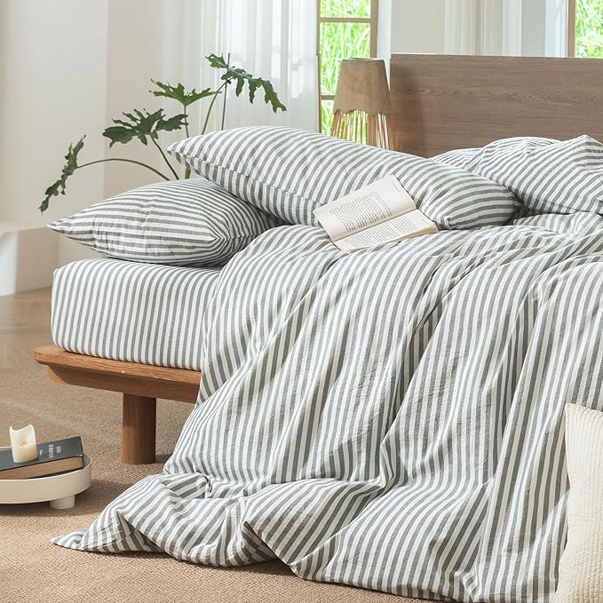 MooMee Striped Duvet Cover Set 100% Washed Cotton Linen Like Textured Breathable Durable Soft Comfy (Heathered Green Classic Stripes, Super King Plus 120"x120")