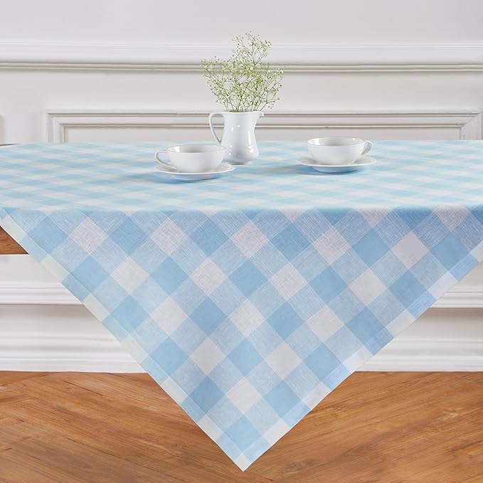 Solino Home Linen Square Tablecloth 52 x 52 Inch - 100% Pure Linen Blue Bell Buffalo Check Tablecloth - Machine Washable Table Throw