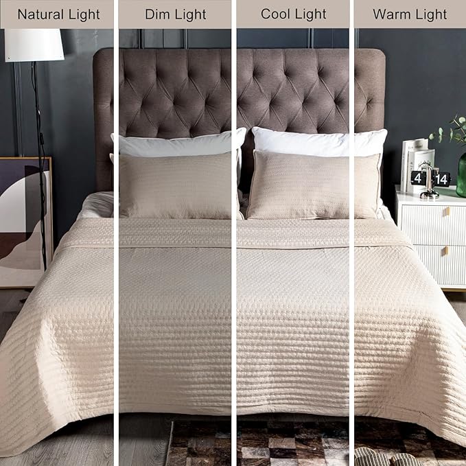 Queen Quilt Set – 90"x90" Soft Washed 3-Layer Lightweight Bedspread with Multi-Lock Quilting, Minimalist Nordic Bedding, All-Season Quilt Set for Spring & Summer (1 Quilt + 2 Pillow Shams), Oatmeal
