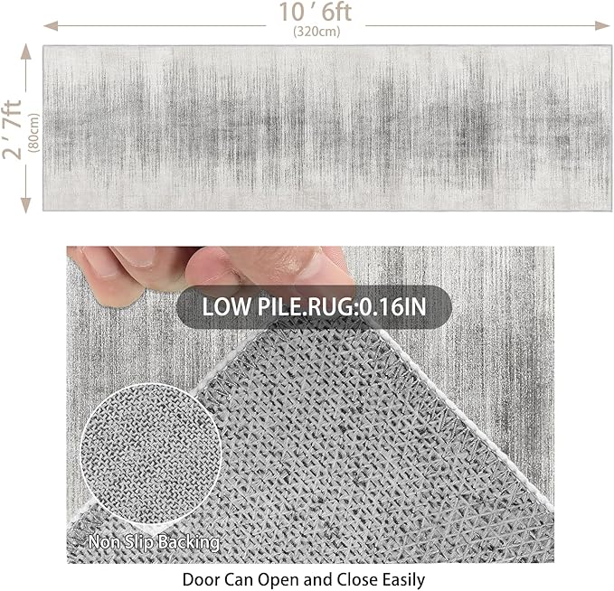 Enkor Runner Rugs for Hallway, 2'7"x10'6" Washable Soft Non Slip Abstract Rugs for Kitchen, Modern Mat for Entryway Living Room Bedroom White & Grey
