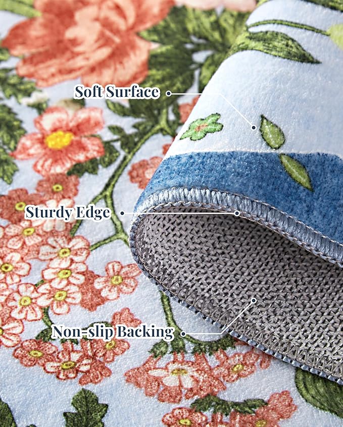 Floral Washable 5x7 Area Rugs - Living Room Rug Non Slip Low Pile Stain Resistant Carpets Indoor Vintage Flower Print Rug for Bedroom Dining Room Kitchen Home Office, Blue