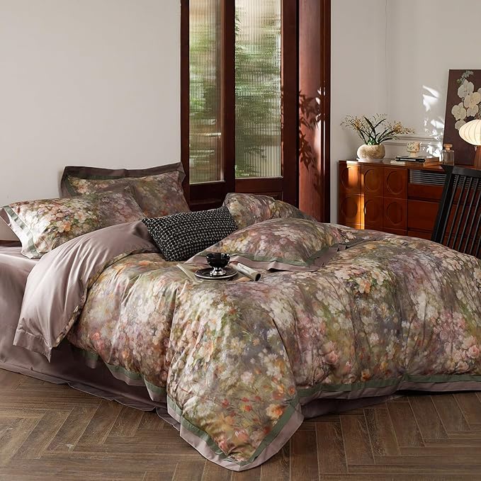 mixinni Vintage Floral Duvet Cover Set - King Size, 100% Long Staple Cotton Percale, Reversible Garden Style Bedding Set with Zipper Closure, 3-Piece Luxury Duvet Cover with 2 Pillow Shams (20"x36")