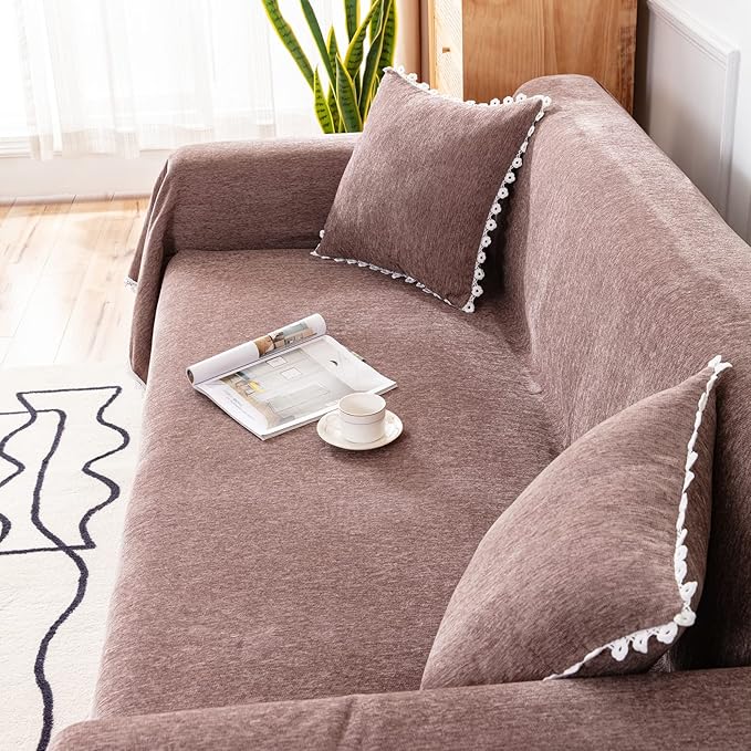 VClife Couch Cover Modern Brown Couch Covers for 3 Cushion Couch Sofa - Washable Chenille Sofa Cover with Lace for Living Room Office RV Bedroom (71"X150") Gift for Christmas Thanksgiving Birthday