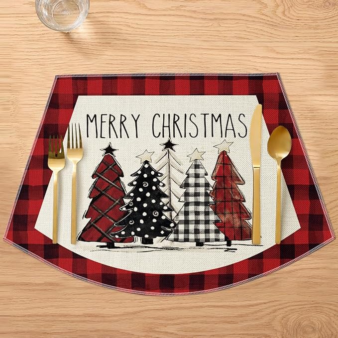 Artoid Mode Red Christmas Trees Wedge Shape Placemats for Round Table Set of 4, Winter Seasonal Kitchen Dining Table Decoration for Indoor Party Home