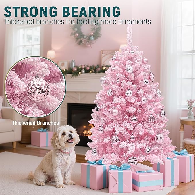 YITAHOME 4.5 FT Prelit Pink Flocked Christmas Tree, Pre-Lit Pink Spruce Artificial Christmas Tree with 400 PVC Flocked Tips and 200 Warm-White Lights for Home, Office Decoration