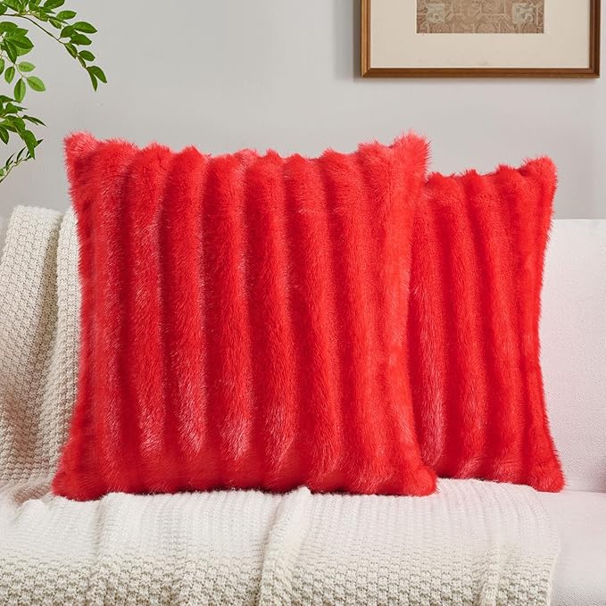 FUTEI Christmas Red Decorative Throw Pillow Covers 18x18 Inch Set of 2,Soft Fluffy Faux Rabbit Fur Dyeing Striped Textured Cushion Case,Modern Home Decor for Couch Bed Living Room