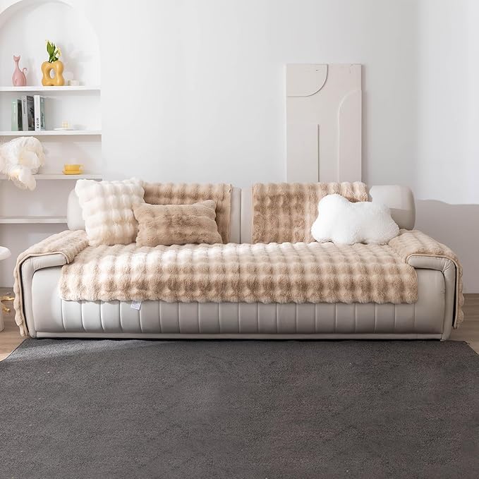 Faux Fur Couch Cover, Soft Warm Plush Sofa Couch Cover, Non Slip Sectional Sofa Slipcovers for L Shaped, Washable Furniture Protector for Kids, Dogs(Khaki, 36"x 83")