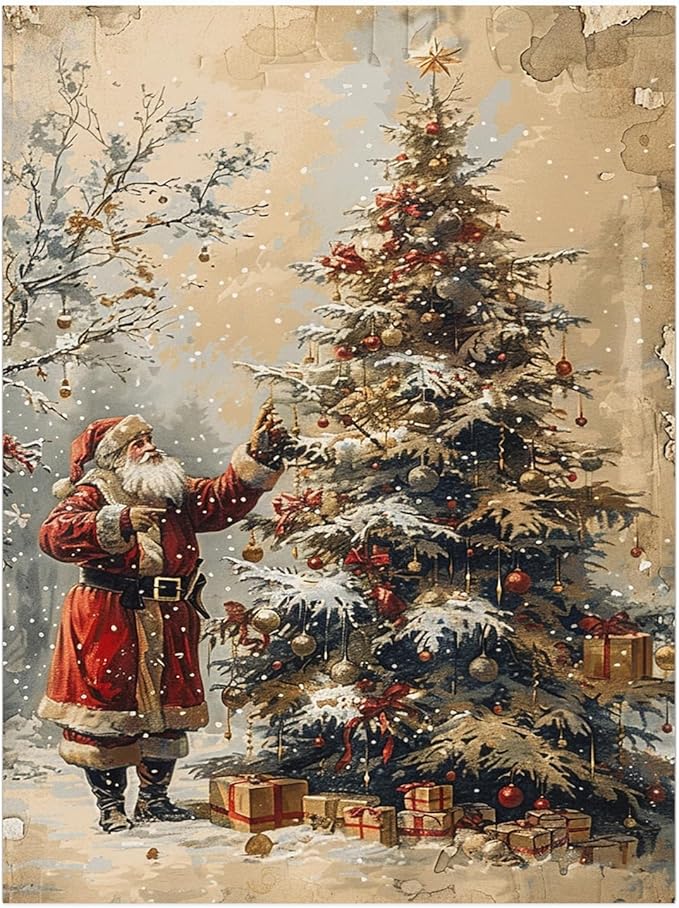 Vintage Christmas Santa Wall Art Prints,Neutral Santa & Tree Drawing,Winter Forest Holiday Poster,Antique Christmas Holiday Wall Decor