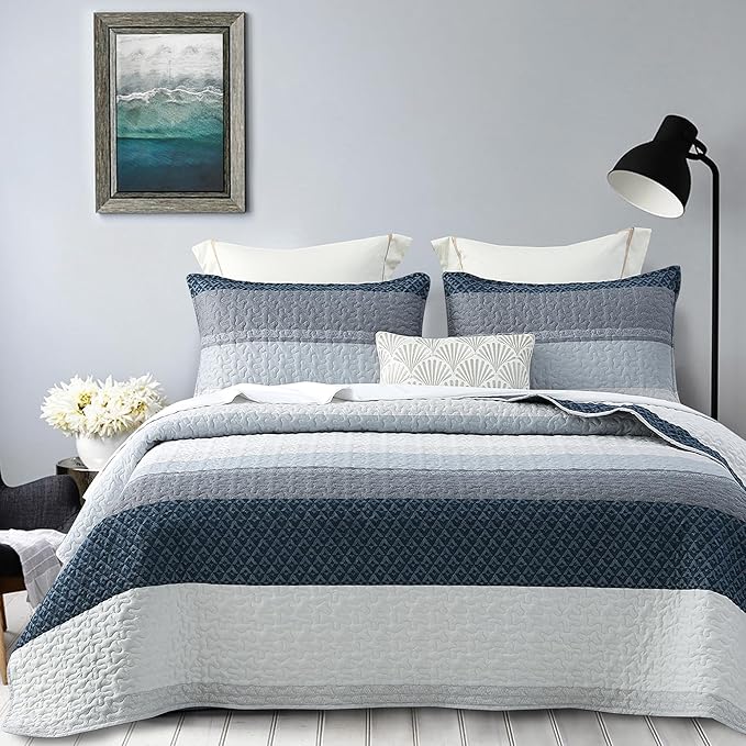 DURLENGEN Striped Quilt Set King Size 3Pcs, Blue & Navy Striped Patchwork Pattern All Season Lightweight Bedspread Coverlet Sets(King 106x96, Blue Patchwork)
