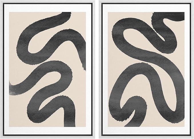 SIGNWIN Framed Wall Art Print Set Black Squiggly Lines Over Tan Background Abstract Swirly Digital Art Modern Art Mid-Century Modern Expressive for Living Room, Bedroom, Office - 24"x36"x2 White