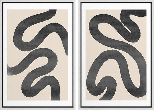 SIGNWIN Framed Wall Art Print Set Black Squiggly Lines Over Tan Background Abstract Swirly Digital Art Modern Art Mid-Century Modern Expressive for Living Room, Bedroom, Office - 24"x36"x2 White