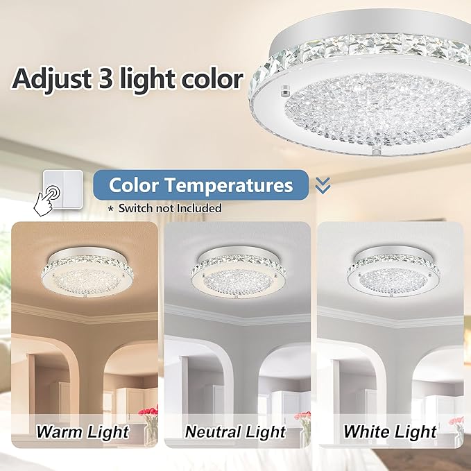 Crystal Ceiling Light Fixture 3000/4000/5000K Flush Mount Crystal Chandelier Modern Dimmable LED Kitchen Light Fixture for Bathroom Hallway Porch Laundry Room Cloakroom Office 11"