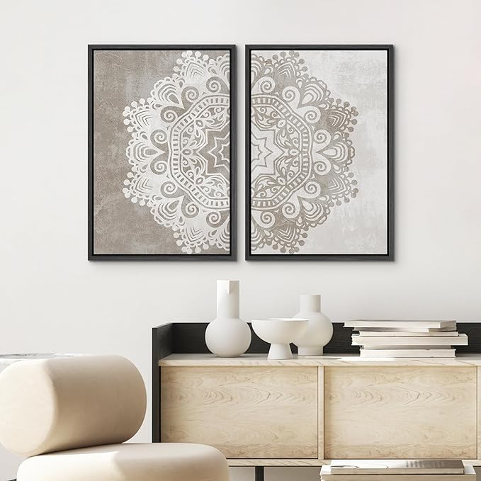 SIGNWIN Framed Canvas Print Wall Art Set Duotone Cultural Indian Mandala Pattern Abstract Shapes Illustrations Modern Art Minimal Boho Relax/Calm for Living Room, Bedroom, Office - 16"x24"x2 Black