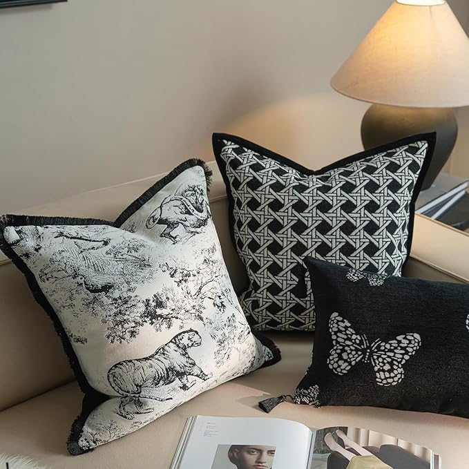 New 20x20'' inches Throw Pillow Cushion Covers - Black Jungle Tiger with Edge Strip Chenille Jacquard Embroidery Luxury Modern Style Couch Sofa Bed Pillow Cover for Living Room Bedroom