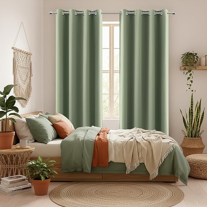 KOUFALL Green Curtains 108 Inches Long,Boho Room Darkening Thermal Blackout Drapes for Bedroom,2 Panel Set,Sage