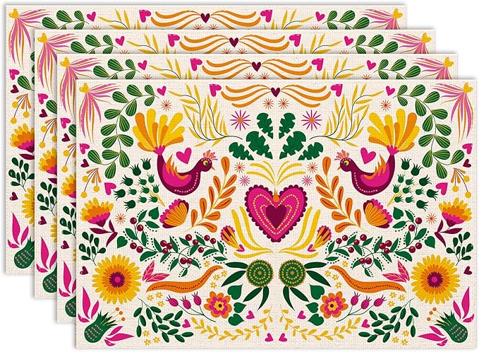 Mexican Floral Placemat Set of 6, 12x18 Inch Boho Cinco de Mayo Colorful Mexico Birds Fiesta Dia De Los Muertos Day Talavera White Coffee Table Mats for Outdoor Kitchen Dining Table Decoration