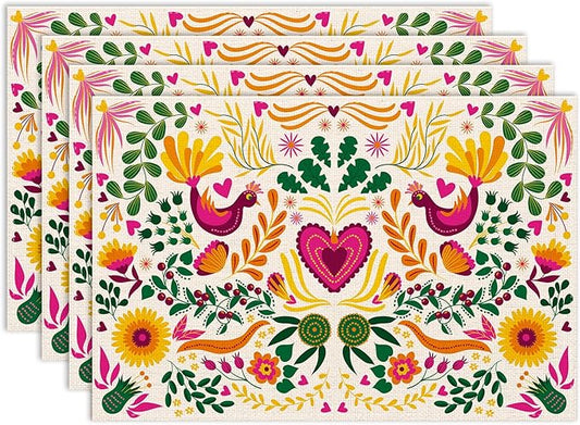 Mexican Floral Placemat Set of 6, 12x18 Inch Boho Cinco de Mayo Colorful Mexico Birds Fiesta Dia De Los Muertos Day Talavera White Coffee Table Mats for Outdoor Kitchen Dining Table Decoration